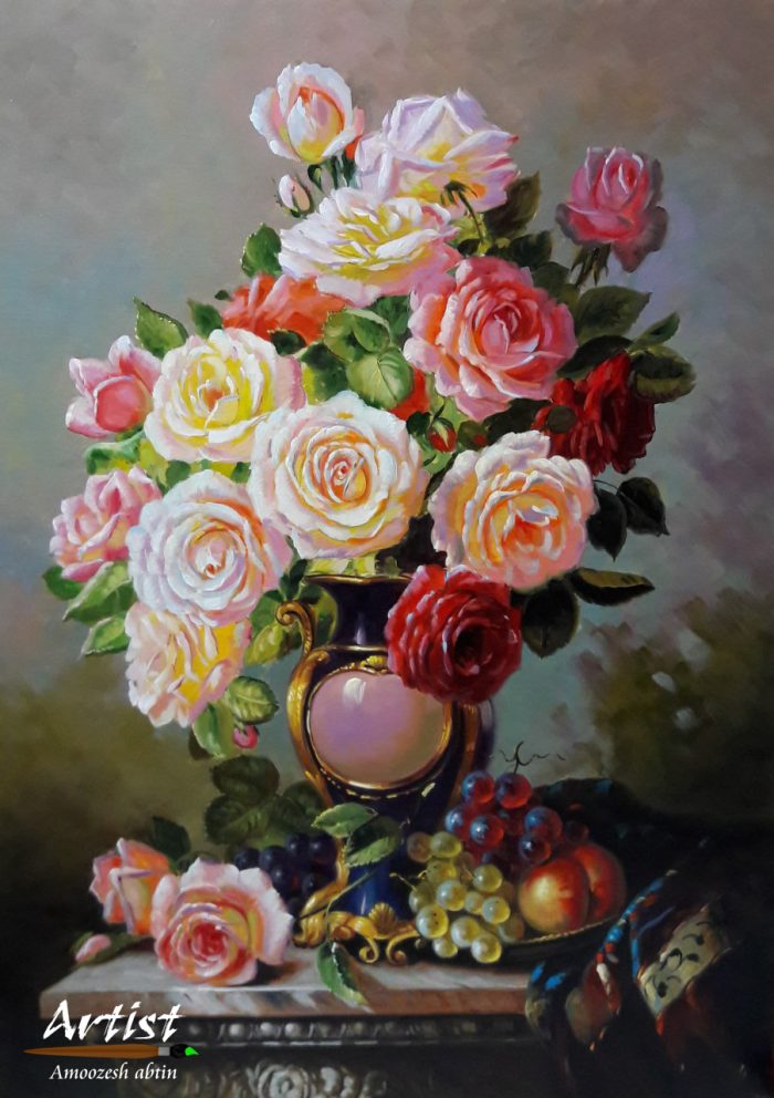 آموزش نقاشی گل رز و گلدان